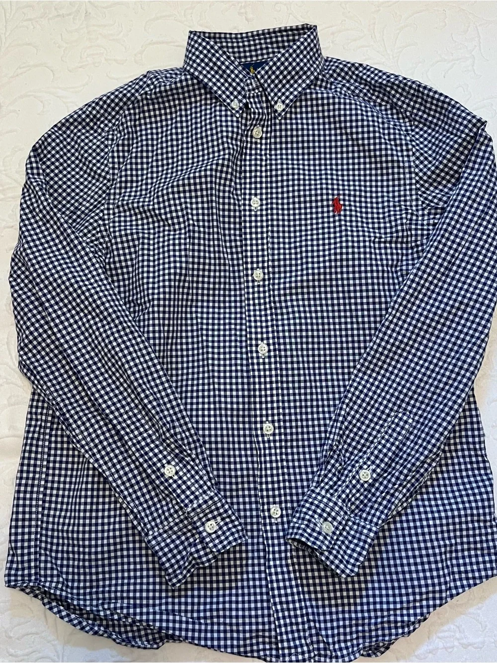 Ralph Lauren Kids’ Blue Gingham Button-Down Shirt size L with Red Horse